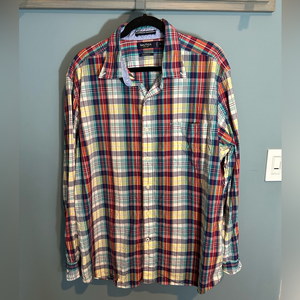 Nautica Classic Fit Button Down Long Sleeve Shirt in Blue/Red/Yellow/White Plaid